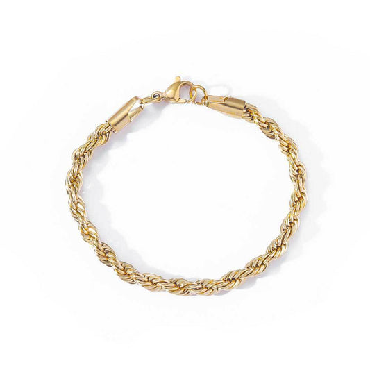 Gold rope chain bracelet on a white background